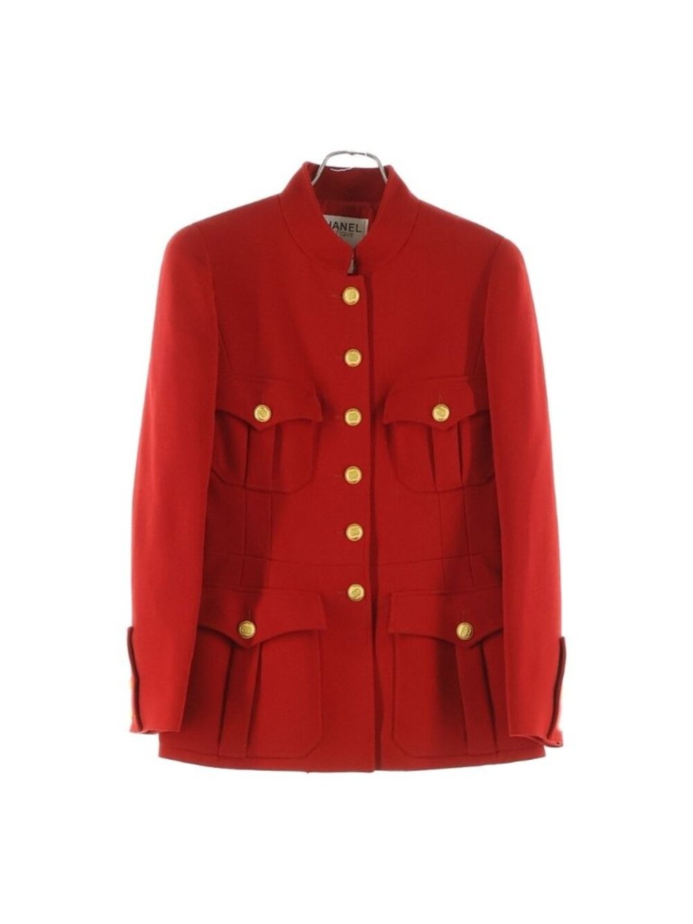 Chanel Vintage 4 Pocket CC Jacket Stand Collar CC Logo Gold Button Red